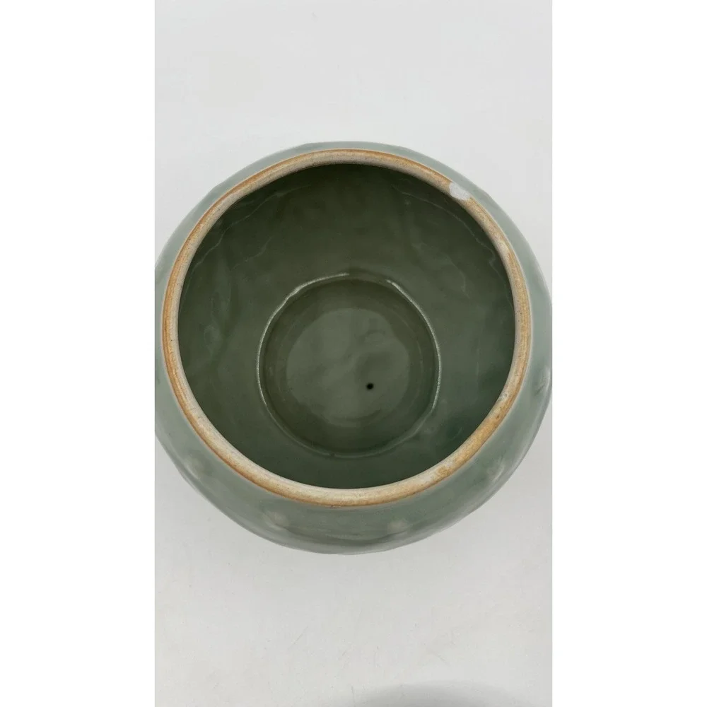 VTG Chinese Celadon Porcelain Relief Flower Lidded Pot Jar Sea Grass Glaze READ
